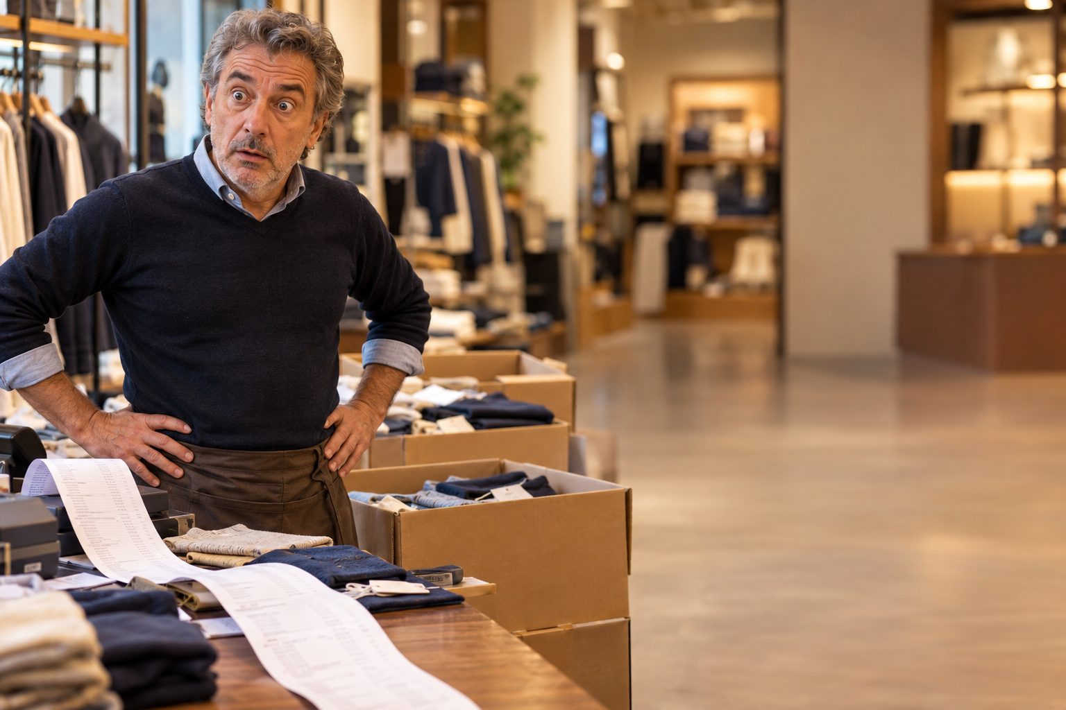 Titolare di un negozio di abbigliamento guarda incredulo una lunga fattura e gli scatoloni di merce da caricare
