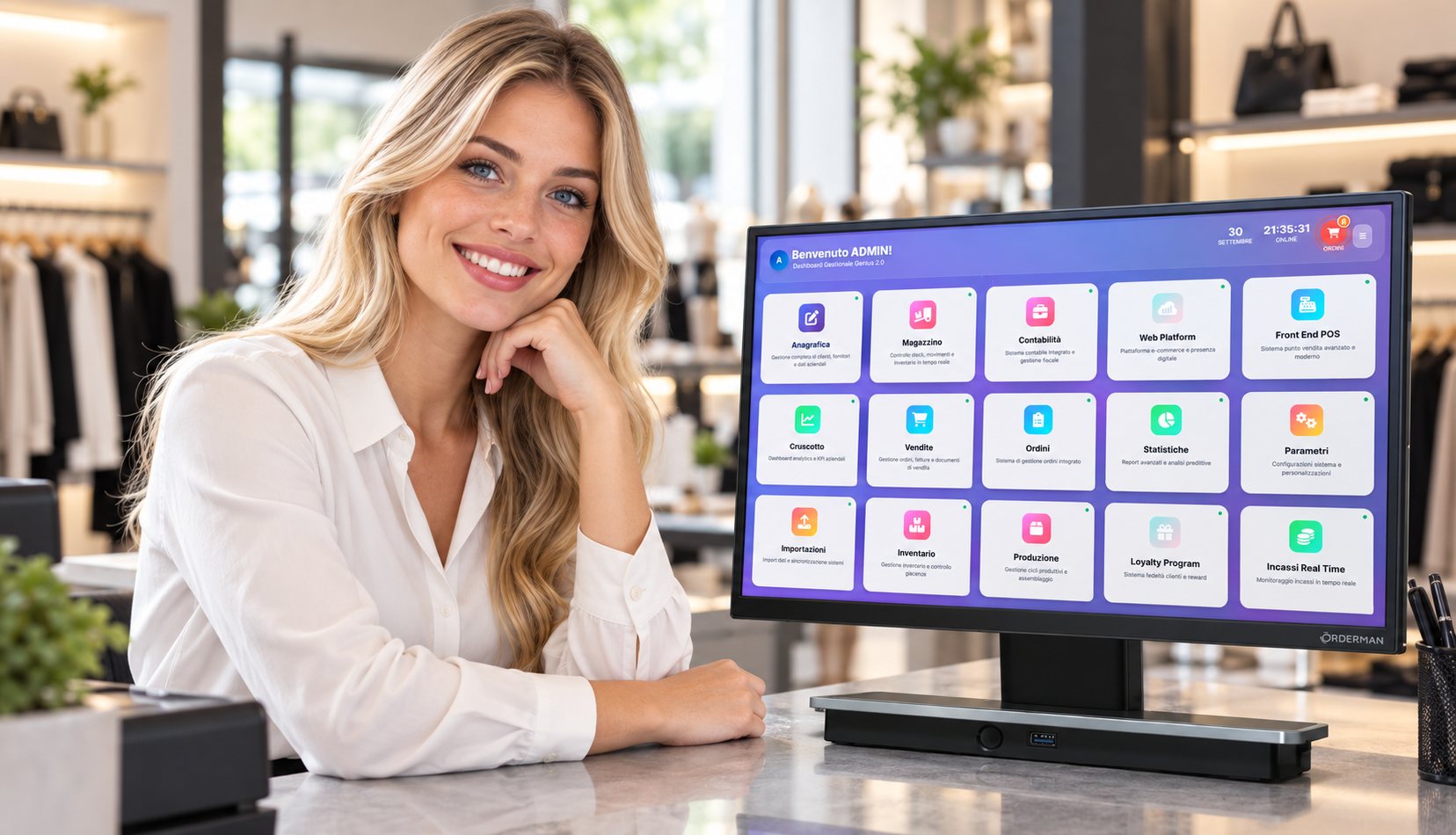 Commerciante sorridente al bancone del suo negozio con il gestionale Genius 2.0 aperto sul monitor touch